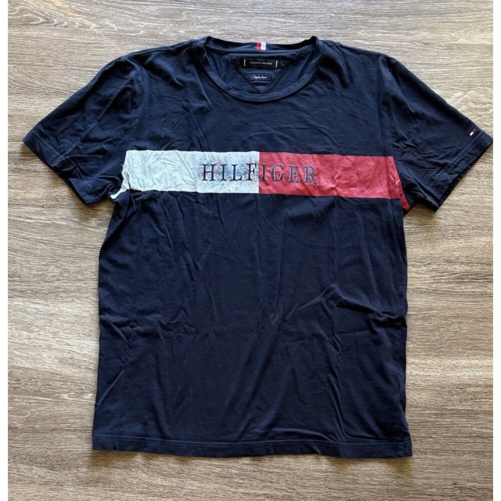 Tommy Hilfiger Men's Organic Cotton Navy Blue Red White Sz Large T Shirt Logo